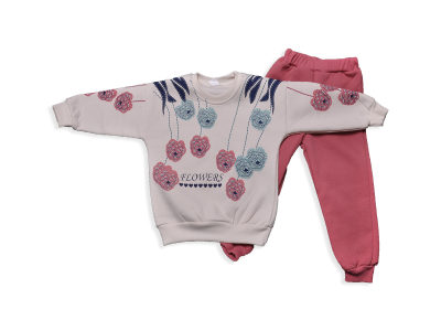 KIZ 2-5 YAS ÜÇ İPLİK OVERSİZE FLOWERS BASKILI KIZ TAKIM